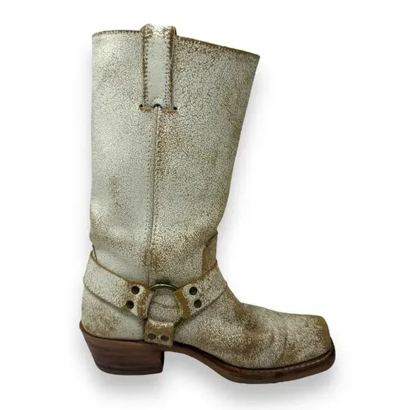 FRYE Harness 12R Leather Belted Western Moto Crackle White Square Toe 7 Women’s